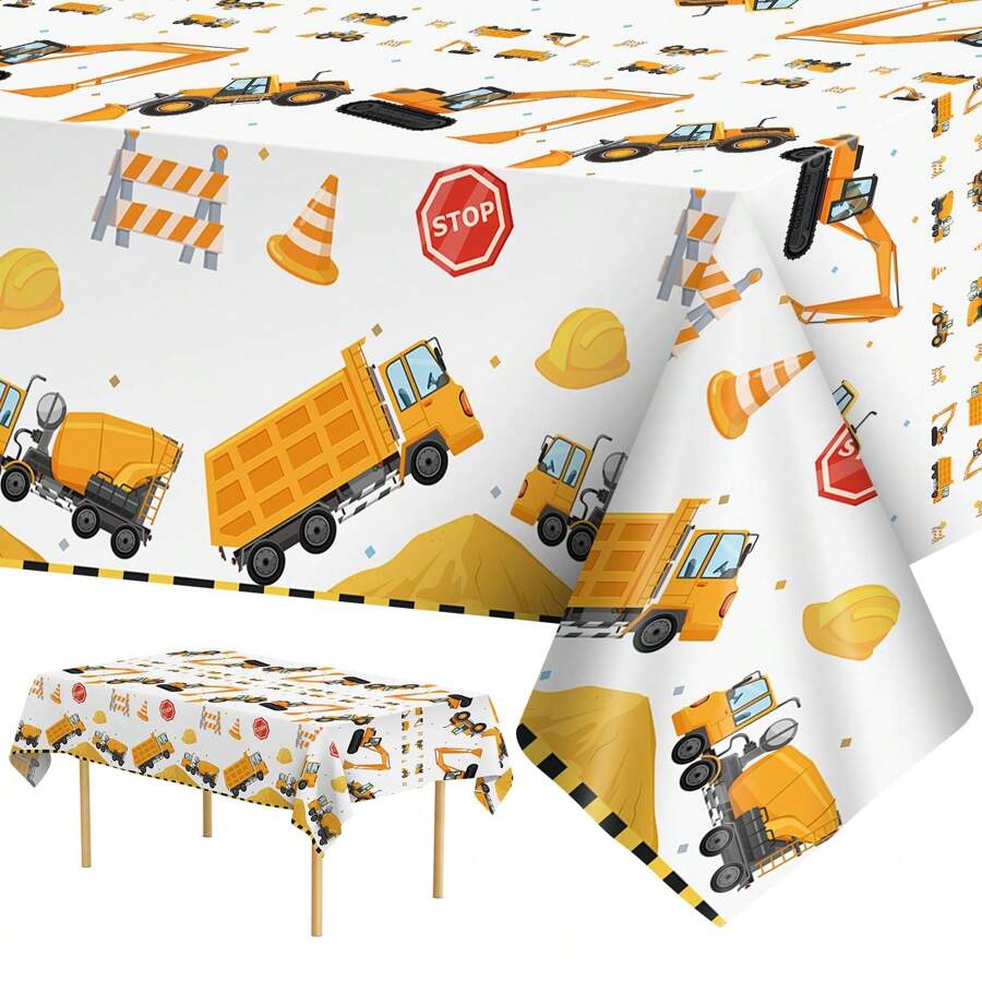 1/2/3 Packs Construction Table Cloth - Dump Truck Tablecloth, Plastic Rectangle Yellow Trucks Themed Table Cover For Construction Birthday Party Supplies Table Decorations Favors