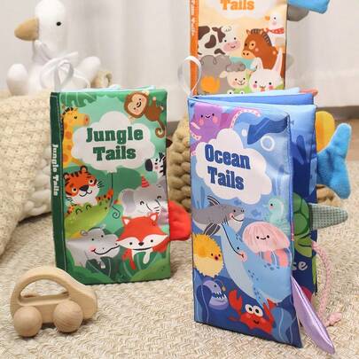 1 pieza Libro con cola arrancable para bebés, Libro de tela educativo temprano 3D lavable de varios temas con papel crepitante y sonido BIBI, adecuado para actividades de audición y visualización de educación temprana de bebés, juguete interactivo para padres e hijos