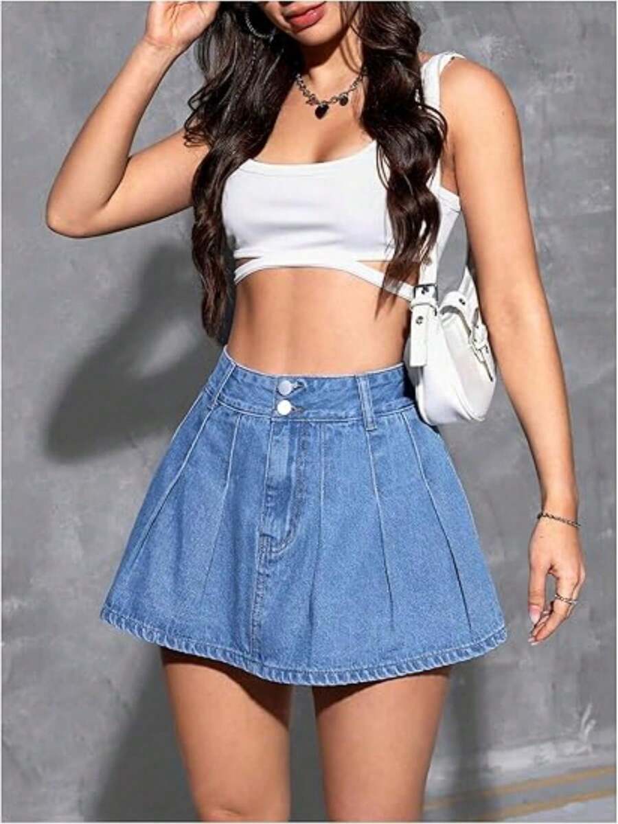 Women's Casual Fashion High Waist Pleated Denim Skirt Short Skirt - Rửa nhẹ - Xem 1