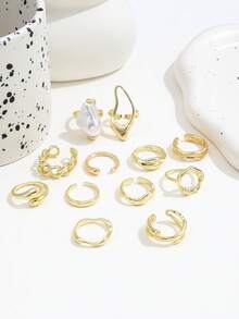 12 件/套巴洛克风格法国仿珍珠戒指，不对称元素和线条可叠戴戒指，适合女士 - 金色 - 查看 5