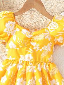 BASUSARRI 女童夏季碎花甜心领泡泡袖连衣裙，清新时尚，可爱简约 - 黃色 - 查看 5
