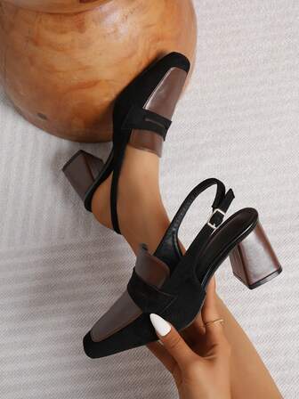 复古英伦风格拼色粗跟高跟鞋，方头一脚蹬露背乐福鞋，适合上班