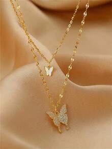 1pc Golden Rhinestone Butterfly Double Layer Necklace, Alloy Chain, Perfect Gift For Girls - Multicolor - View 2