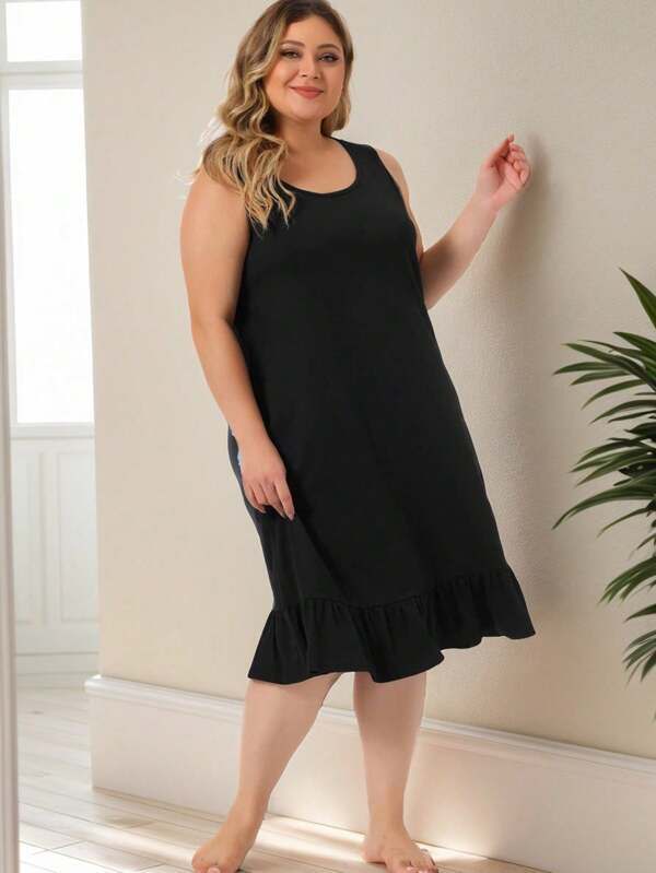 Camisola plus size feminina, cor sólida, sem mangas, com babados, solta, casual, simplista