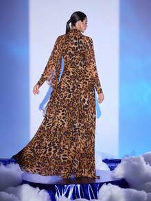 Brown V-Neck Long Sleeve Chiffon Dress, Modest - Brown - View 6