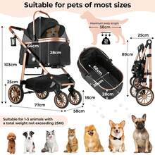 4 in 1 Hundewagen, 360° Gummiräder mit Stoßdämpfung, Hundebuggy bis 25kg, Faltbar Hund Kinderwagen, Gitterfenster, , Hundebuggy Geländegängig, Katzenwagen - Schwarz - Übersicht 2