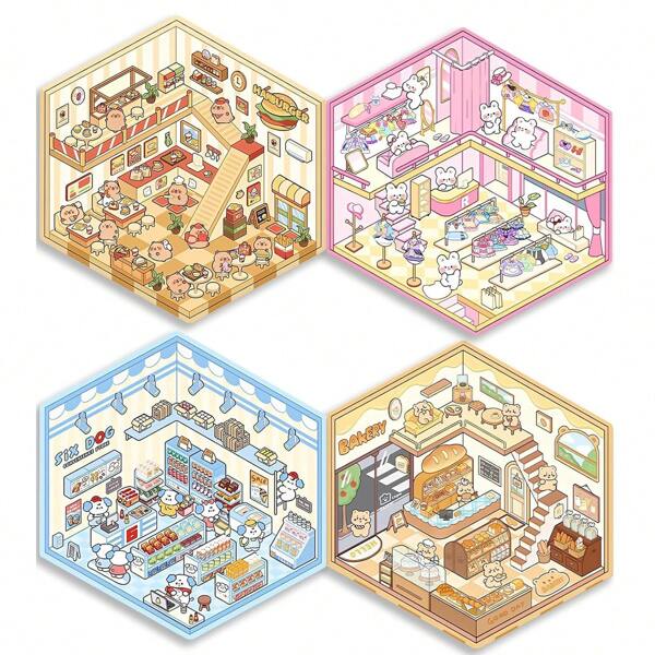 2/4/8 Pack DIY 3D House Stickers, 3D Scene Stickers Miniature Simulated Cabin Scene Stickers, Cute Cartoon Scenery Stickers, Fun Clothing Store Bakery Cottage Stickers