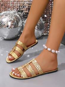 Women's Gold Flat Sandals, Summer New High-End Gladiator Sandals, Animal Print Design, Charming, Fashionable And Comfortable, Cool Party Style Women's Shoes Suitable For Outdoor Play,Sparkly Sandals,Suitable For Vacation And Beach Fun Gold Flat Slippers,Crocodile Pattern