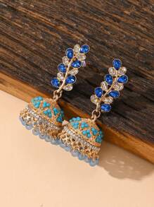Fashionable Colorful Water Droplet Rhinestone, Rice Bead Inlay Leaf Shaped Earrings, Bohemian Style Ear Jewelry Suitable For Women's Daily Wear
