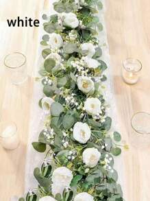1pc Artificial Eucalyptus Garland With Flowers, White Roses Baby Breath Garland Floral Greenery Garland For Wedding Party Centerpiece Table Runner Backdrop Wall Decor Decoration Gifts Birthday Graduation
