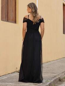 Elegant Off-The-Shoulder Long Dress Without Shine - Black - View 4
