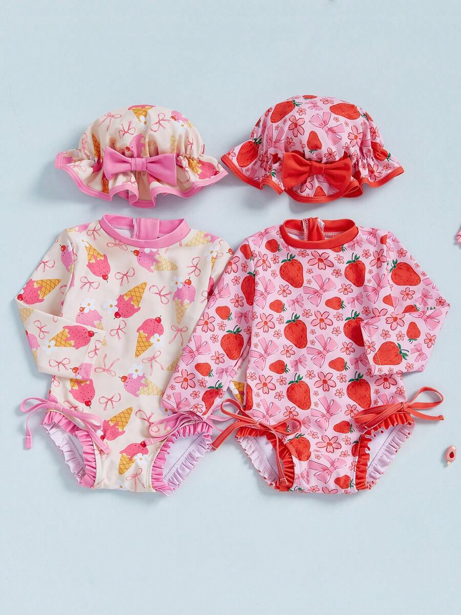 Baby Girl Swimsuit Long Sleeve Strawberry/Ice Cream Bathing Suit With Hat Infant Toddler Rashguard Swimwear Sunsuit - Yellow - View 1