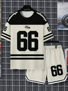 Bộ áo thun ngắn tay và quần short nam phối màu tương phản, in số, thích hợp cho mùa hè. - Nhiều màu - Xem 3