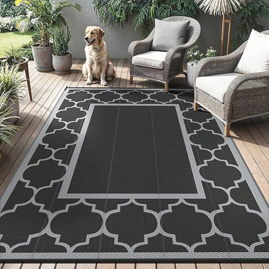 Outdoor Rug Garden Rugs Waterproof Reversible Plastic Carpet, Washable Large Outdoor Rug For RV, Patio, Camping, Picnic, Deck, Camper - Black & Grey - View 1