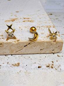 Set de 3 piezas de pendientes de aro con estrella y luna CZ para el trago, hélix, 14K enchapado en oro, zirconia redonda, joyería corporal hipoalergénica con cierre a presión para perforaciones múltiples