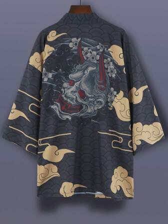 Loose Streetwear Style Fashion Casual Shirt Top, Japanese Kimono Inspired Unicorn Print Lightweight Cover Up, Unisex Thin Smock Shirt For Summer