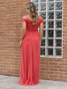 Elegant Off-The-Shoulder Long Dress Without Shine - Burnt Orange - View 4