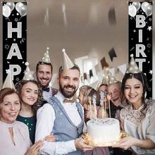2pcs 1 Pair Of 2D Door Signs Polyester Happy Birthday Door Signs, 12x71 Inches, No Electricity Required, Suitable For Party Decoration, Black And Silver