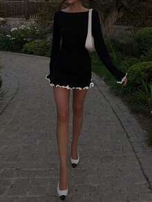 Women's Stylish Fitted Mini Dress, Spring/Autumn - Black - View 4