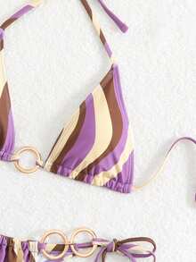 LUCKY HOLIDAY Fashionable Sexy Gold Circle Triangle String Bikini Swimsuit Set - Purple - View 5