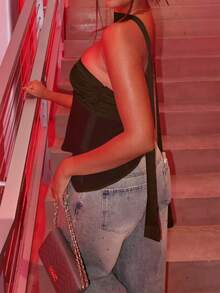 Women's New Strapless Satin Camisole Top With Scarf, Cropped Summer Blouse - Coffee Brown - View 6