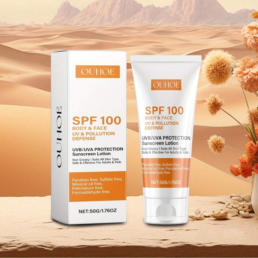 SPF 100 防晒乳液，适用于身体和面部，蕴含透明质酸和维生素 E，保湿滋养，防水不油腻配方，有效抵御紫外线和污染，50克/1.76盎司（两种规格可选）