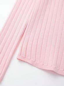 纯色前纽扣罗纹高领开衫，长袖 - 粉色 - 查看 4