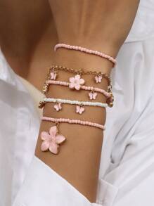 5pcs Set Cute Butterfly Floral Beaded Bracelets For Women, Everyday Wear