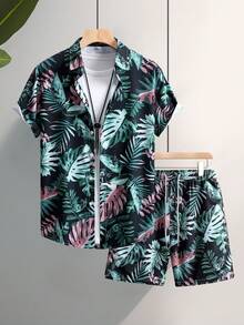 Men Tropical Plant Printed Short Sleeve Shirt And Drawstring Waist Shorts Set - Multicolor - View 1