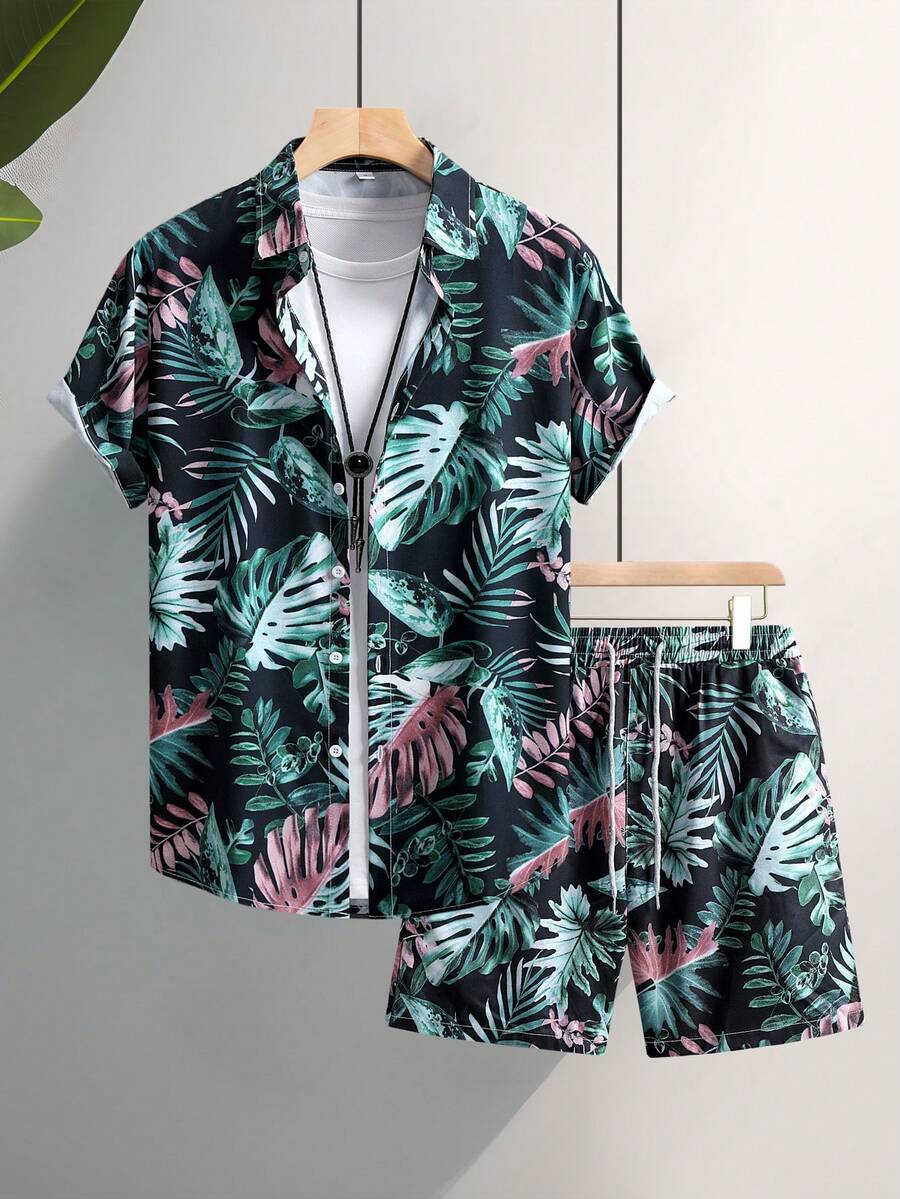 Men Tropical Plant Printed Short Sleeve Shirt And Drawstring Waist Shorts Set - Multicolor - View 1