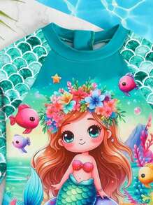 Traje de baño de una sola pieza con estampado de sirena lindo para niña joven de manga larga
