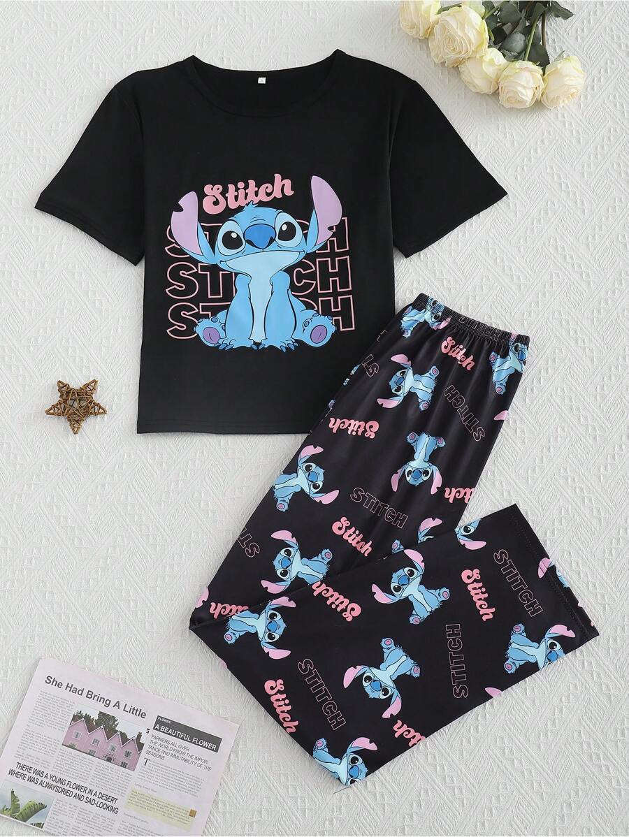 Disney Conjunto de pijama de 2 piezas con estampado de dibujos animados, Stitch, autorizado, de mujer. Incluye top de manga corta y cuello redondo, y pantalones. Confeccionado en tela de punto cómoda para uso en el hogar. Estilo casual elegante y romántico, ideal para vacaciones.