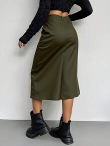 Falda larga sólida simple de cintura alta - Verde - Ver 2
