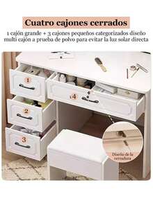 Tocador Multifuncional Con Espejo Y Estante 4 Cajones - Blanco - Ver 4