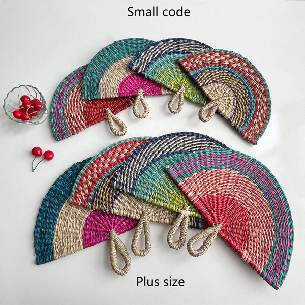 1pc 22cm Length X 28cm Width Multicolor Handmade Woven Seagrass Hand Fan, Home Decor Wall Hanging Fan Ideal For Seniors, Kids To Cool Down, Insect Repellent, For Living Room, Lobby, Club