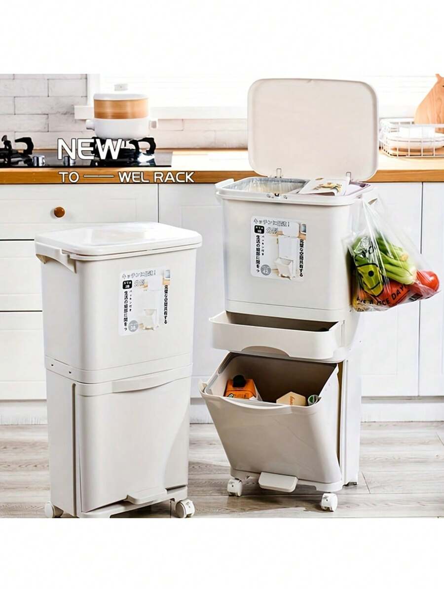 Large Capacity Multi-Layer Trash Can With Lid - Odor-Proof, Dry And Wet Separation, Wheeled Design For Easy Movement - Stainless Steel - Perfect For Kitchen And Home Storage - Housemoving Gift - Multicolor - View 1