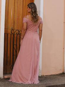 Elegant Off-The-Shoulder Long Dress Without Shine - Rusty Rose - View 4