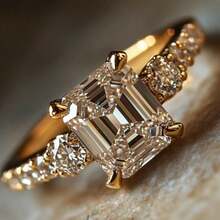 1pc Elegant Luxury Princess Cut Cubic Zirconia Ring, Women's Wedding Engagement Ring, Daily Party Jewelry, Birthday Anniversary Valentine's Day Gift - Golden - View 2