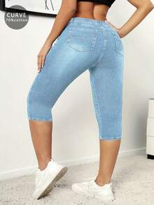 女性加大碼修身牛仔膝蓋褲 - 淺色水洗藍 - 查看 3