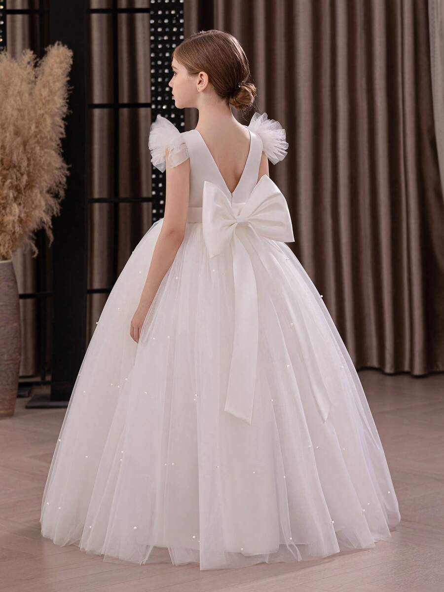 带蝴蝶结的少女派对礼服,网眼飘逸袖子,优雅的公主裙,适合女孩的生日礼物、宴会、舞会、正式活动、花童婚礼、钢琴演奏会、学校表演、礼服 - 白色 - 查看 1