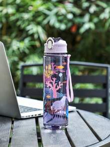 1 pieza Botella de agua a prueba de fugas de 800 ml con diseño de patrón de animal de dibujos animados lindo (dinosaurio, arcoíris), con pajita, correa de transporte y diseño a prueba de golpes - Adecuado para viajes, exterior, estudiantes, guardería, práctico para uso escolar