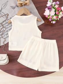 2 件套婴儿小女孩休闲花卉印花短款上衣和短裤套装，轻盈夏季 - 杏色 - 查看 2