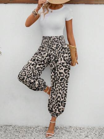 秋季女装裤子休闲沙滩度假下装豹纹宽松裤