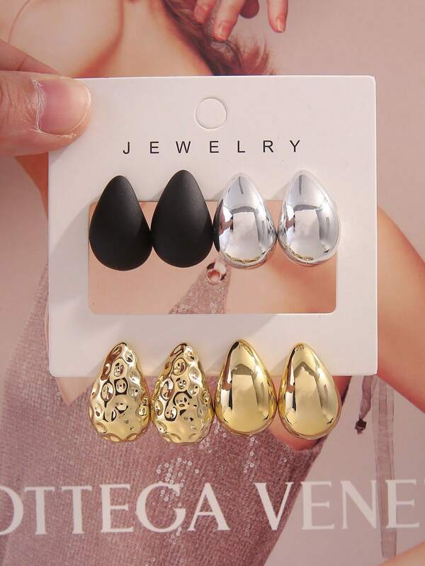 4/6/8/12pcs Stylish Gold Metal Teardrop Hoop Earrings Set, Lightweight CCB Material Ladies Jewelry