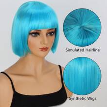 Blue Wig, Short Bob Wig With Bangs, Basic Style, Suitable For Cosplay Wear
