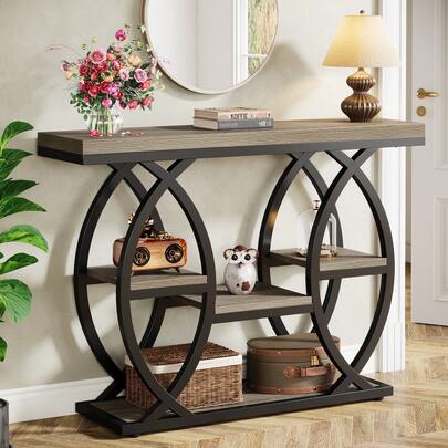  LITTLE TREE 39.4" Console Table, Industrial 4-Tier Sofa Table Entryway Table, Narrow Wood Accent Table For Living Room, Hallway, Foyer, Rustic Brown