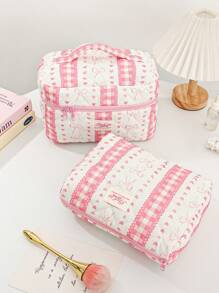 1 Piece Plaid Lace Quilted Pink Zipper Bag Sweet Style Large Capacity Bow&Love Portable Zipper Makeup Bags Fashionable Portable Makeup Bag, Multi-Functional Storage Bag For Lipstick, Sanitary Napkin, Coins, Keys Etc Women Skincare Organizer Bag Print Flower Makeup Organizer Storage Bag Graduation
