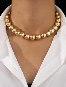 1pc Minimalist Style Round Bead Necklace, Suitable For Daily Wear - Yellow Gold - View 1