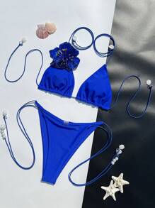 European & American Fashionable Women Summer Beach Solid Color Halter Tie Floral Decor Sexy Bikini Two Pieces Swimwear