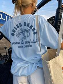 1 Áo thun tay ngắn cổ tròn họa tiết thường ngày cho bé gái, Quần áo mùa hè cho học sinh và thanh thiếu niên - Áo thun in hình sóng mang đến lựa chọn độc đáo cho những du khách đầy tham vọng - Màu xanh nhạt - Xem 1